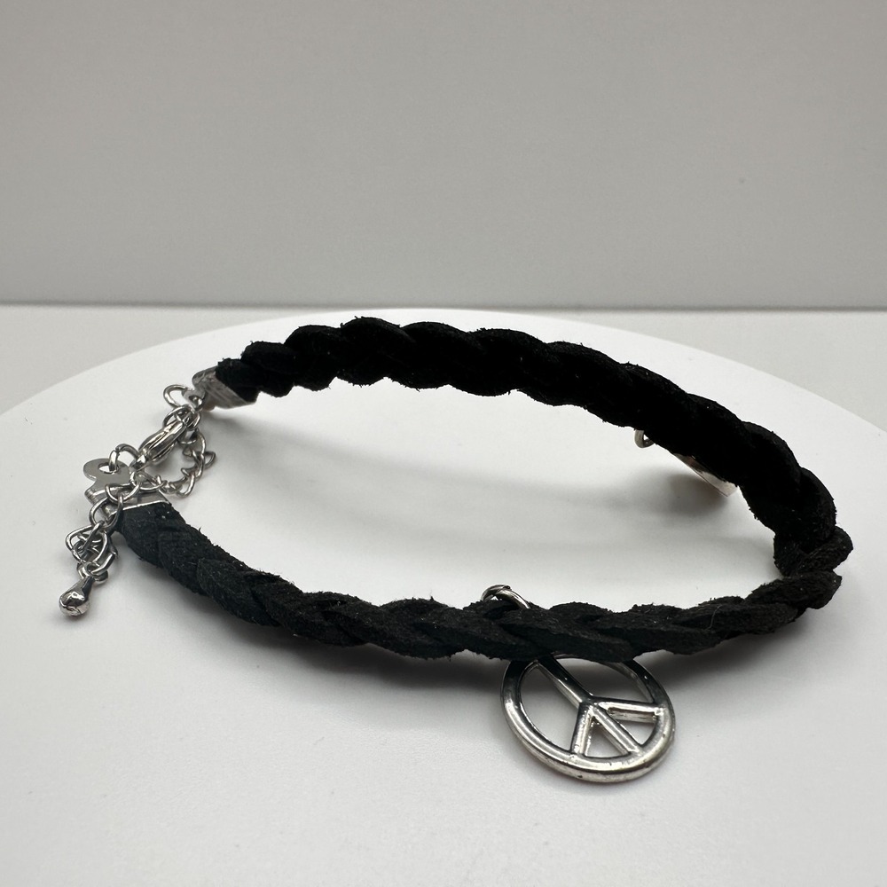 Vintage 90s‎ Black Braided Suede Charm Bracelet Peace Sign Boho Women's Jewelry